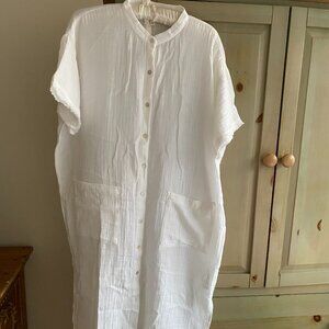 Eileen Fisher White Cotton Gauze Mandarin Collar Shirt Dress NEW WITH TAGS